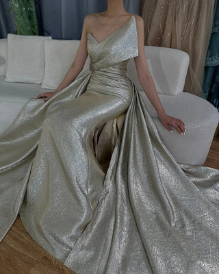 Champagne Mermaid Evening Dress with Off-Shoulder and Tie Design for Formal Occasion