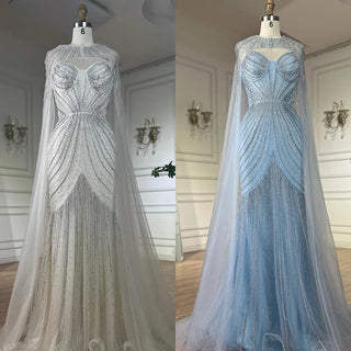 Arabic Blue Spaghetti Straps Beaded Evening Gown with Detachable Cape for Formal Occasion