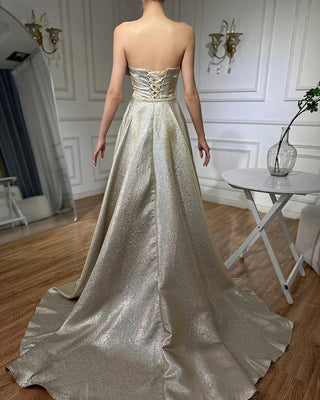 Champagne Mermaid Evening Dress with Off-Shoulder and Tie Design for Formal Occasion