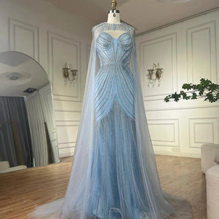 Arabic Blue Spaghetti Straps Beaded Evening Gown with Detachable Cape for Formal Occasion