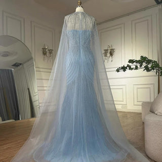 Arabic Blue Spaghetti Straps Beaded Evening Gown with Detachable Cape for Formal Occasion