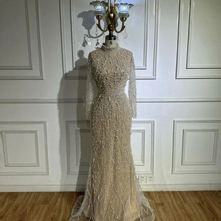 Saudi Arabic Pearls Beaded Nude Mermaid Evening Gown for Formal Occasion