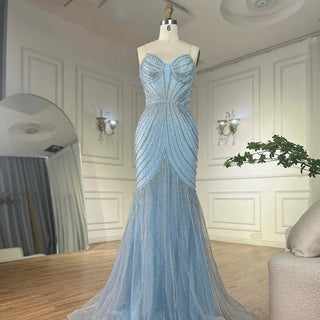 Ships in 2 to 5 Days - Arabic Blue Spaghetti Straps Beaded Evening Gown with Detachable Cape for Formal Occasion