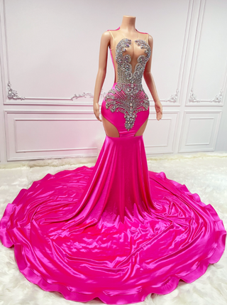 Glamorous Hot Pink Beaded Gown with Back Cutouts and Flowing Train