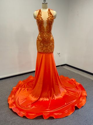 Stunning Orange Crystal-Embellished Mermaid Gown with Dramatic Train