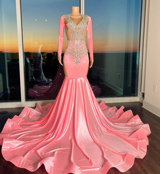 Stunning Pink Satin Mermaid Gown with Crystal Detailing