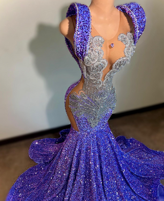 Radiant Purple Sequin Mermaid Gown with Dramatic Train and Crystal Accents