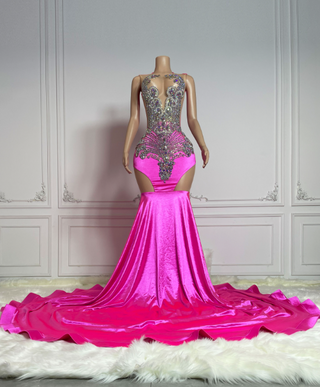 Glamorous Hot Pink Beaded Gown with Back Cutouts and Flowing Train