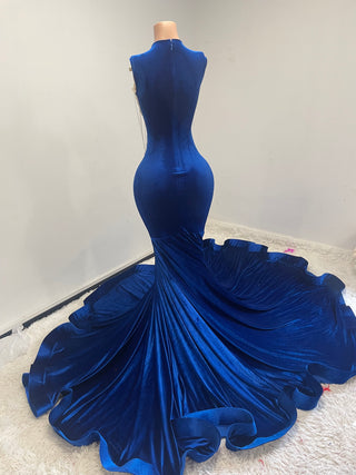 Opulent Royal Blue Velvet Gown with Intricate Silver Embellishments and Dramatic Train