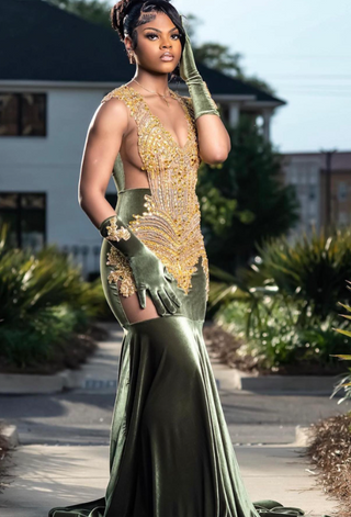 Luxurious Green Velvet Beaded Mermaid Gown with Feathered Train