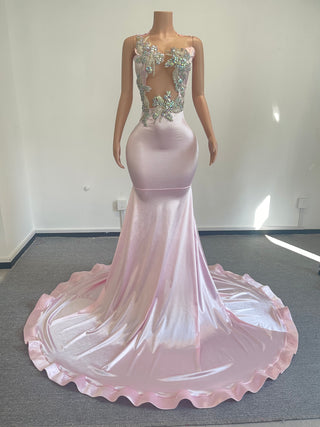 Elegant Sheer Floral Embellished Mermaid Gown with Satin Skirt