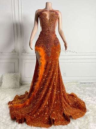 Fiery Orange Sequin Gown with Feather Trim and High Slit