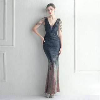 Elegant V-Neck Gold Sequin Evening Dress with Beading - Women's Long Prom Party Maxi Dress