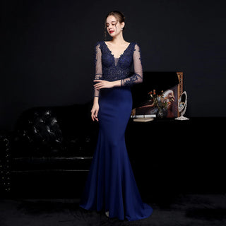 Champagne V-Neck Floor-Length Evening Dress with Mermaid Skirt for Women