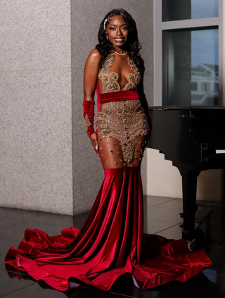 Red Velvet Beaded Sheer Gown with Exquisite Detailing and Dramatic Train