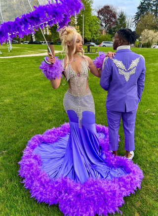 Exquisite Purple Feathered Sequin Mermaid Gown with Fluffy Train