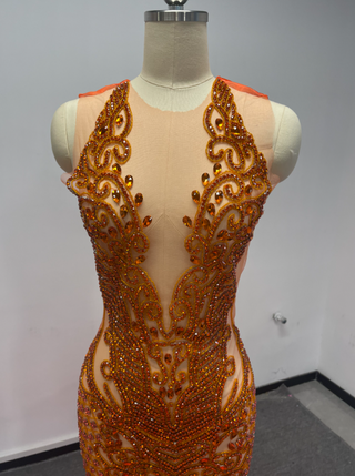 Stunning Orange Crystal-Embellished Mermaid Gown with Dramatic Train