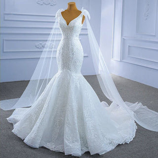 Wholesale Elegant Party V-Neck Fish Tail Sequin Lace Mermaid Wedding Dress