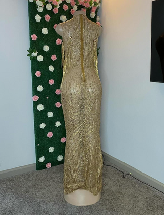 Sparkling Gold Crystal-Embellished Open Back Evening Gown