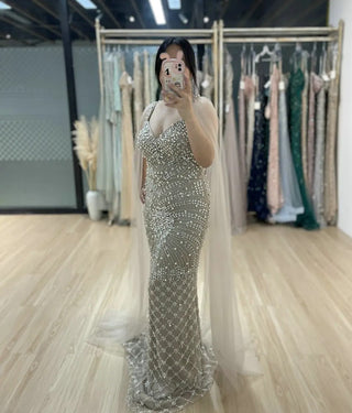 Nude Stunning Cape Sleeves Evening Ball Gown - Luxury Beaded Mermaid V-Neck Dress for Wedding Guests in Dubai