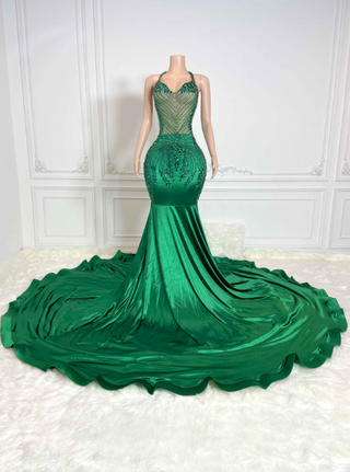 Luxurious Emerald Green Beaded Mermaid Gown with Stunning Train