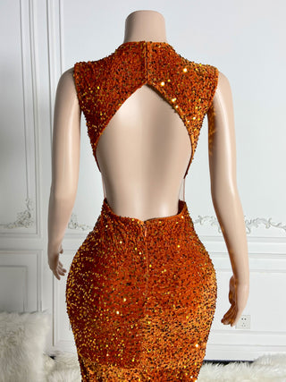 Fiery Orange Sequin Gown with Feather Trim and High Slit