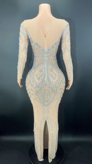 Ships in 1 to 3 Days - Celestial Elegance Long-Sleeve Beaded Gown