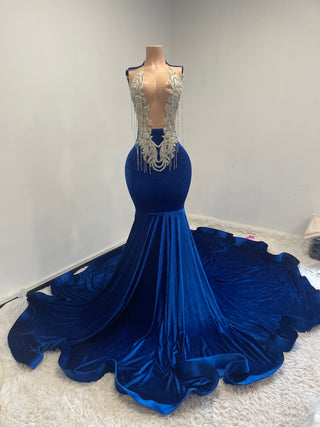 Opulent Royal Blue Velvet Gown with Intricate Silver Embellishments and Dramatic Train