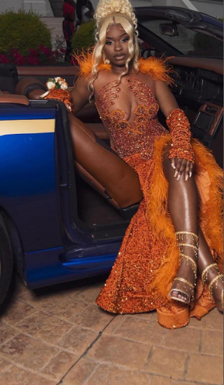 Orange Beaded Gown with Feathered Detailing and Sheer Accents