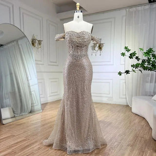 Dubai Arabian Elegance: 2024 Nude Mermaid Evening Gown - Luxury Beaded Dress with Pearls for Women's Wedding Party