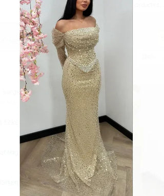 Dubai Arabian Elegance: 2024 Nude Mermaid Evening Gown - Luxury Beaded Dress with Pearls for Women's Wedding Party