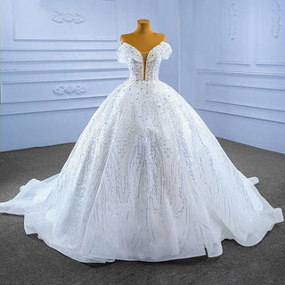 Luxury White Sequin Ball Gown Modest Sweetheart Wedding Dress