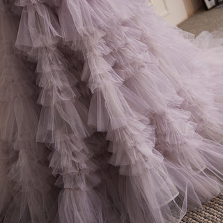 Ethereal Layered Tulle Ball Gown with Off-the-Shoulder Ruffle Detailing