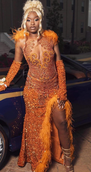 Orange Beaded Gown with Feathered Detailing and Sheer Accents