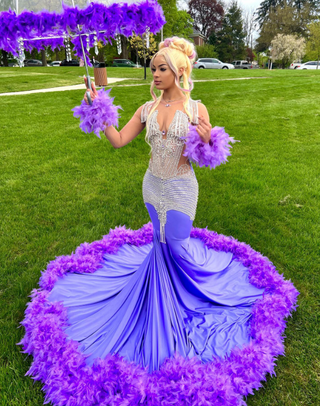 Exquisite Purple Feathered Sequin Mermaid Gown with Fluffy Train