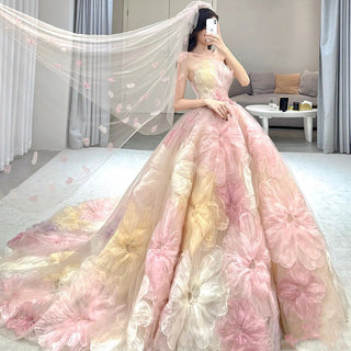 Enchanting Pastel Floral Ball Gown with Oversized Petal Appliques