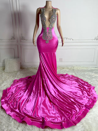 Luxurious Fuchsia Satin Gown with Deep Plunging Neckline and Crystal Embellishments