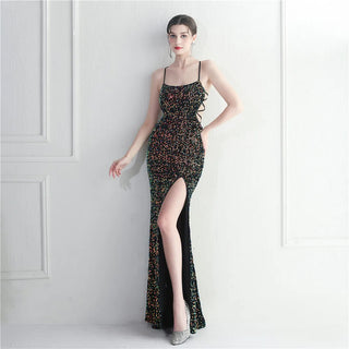 Elegant Boat Neck Sequin Prom Dress with Backless Design