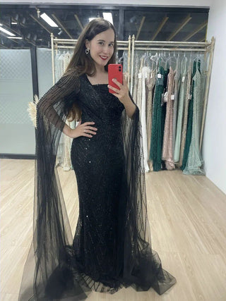 2024 Dubai Luxurious Cape Sleeves Mermaid Evening Dress - Exclusive Glitter Gown for Muslim Wedding Guests and Parties