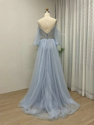 Ships in 1 to 3 Days - Light Blue Elegant Puff Sleeves Mermaid Evening Dress - V-Neck Beaded Formal Gown for Arabic Wedding Parties