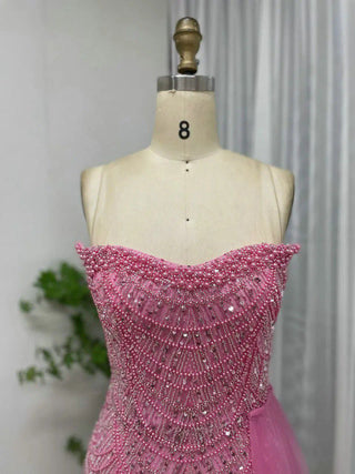 Fuchsia Stunning Strapless Mermaid Evening Dress - Luxury Beaded Sheath Gown with High Slit and Train for Weddings and Prom