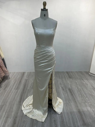 Cream Satin Mermaid Evening Gown - Sexy Split Dress with Spaghetti Straps for Wedding Guests and Parties