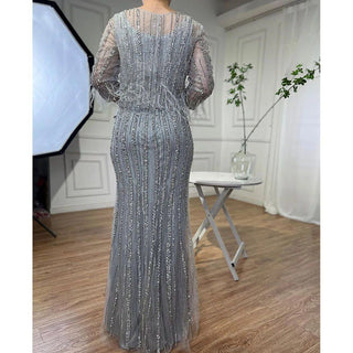 Dubai Grey Diamond Mermaid Long Sleeves Beaded Luxury Evening Gown - Perfect for Women's Party