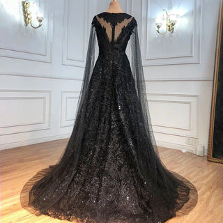 Ships in 1 to 3 Days - Arabic Black Luxury 2024 Lace Beaded Cape Sleeves Mermaid Evening Gown: Elegant Attire for Women's Wedding Party