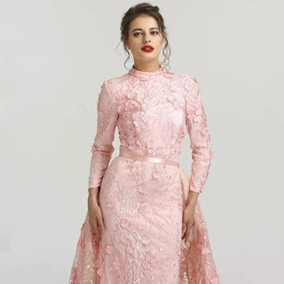 Muslim Romantic Pink Long Sleeves Evening Dress 2024 - High Neck Handmade Flowers Evening Gown