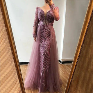 Muslim Pink Elegant Long Sleeves Mermaid with Detachable Train Evening Dress Gown For Women