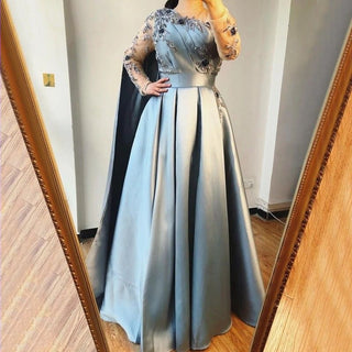 Dubai Blue O-Neck Beading Sexy Evening Dress Design 2024: A-Line Satin Long Sleeves Formal Dress