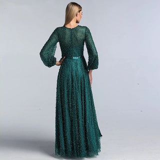 Dubai Green Pearls Long Sleeve Evening Dress - 2024 Tulle Luxury Beach Gown