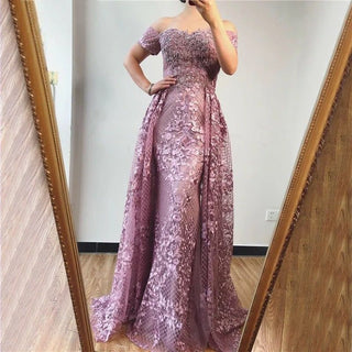 Pink Mermaid Elegant Evening Dress 2024 - Short Sleeve Flowers, Dubai Sexy Off-Shoulder Lace Crystal Gown