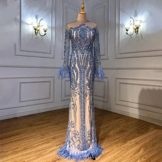 Blue Muslim Evening Dress: Detachable Skirt, Feathers, Beaded Luxury, and Mermaid Silhouette for Women's Party in 2024